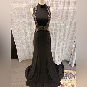 Rachel Allan Black and Silver Backless Gown